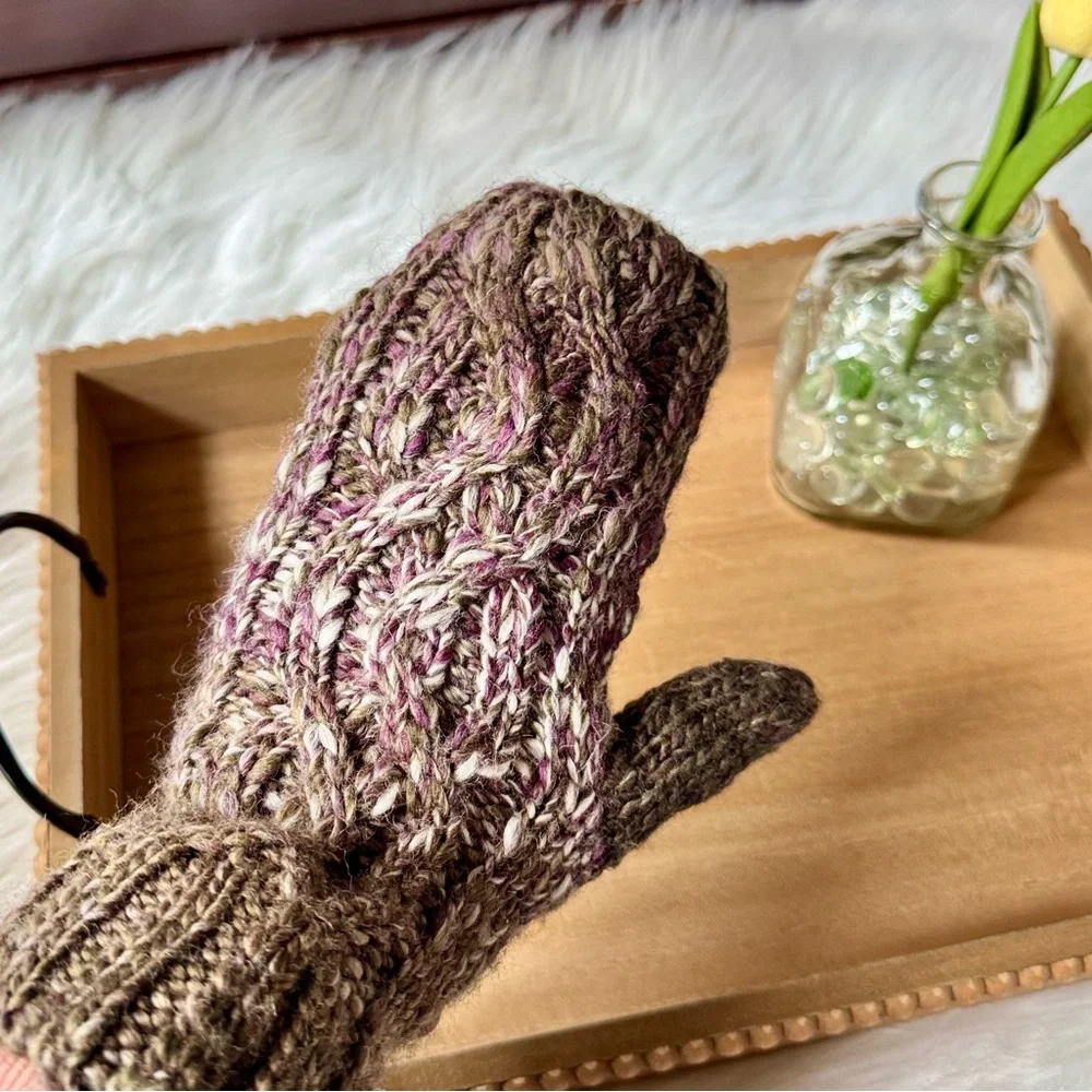 LRL Lauren Ralph Lauren Cable Knit Mittens Brown Marled Wool Blend NWT Winter Gl